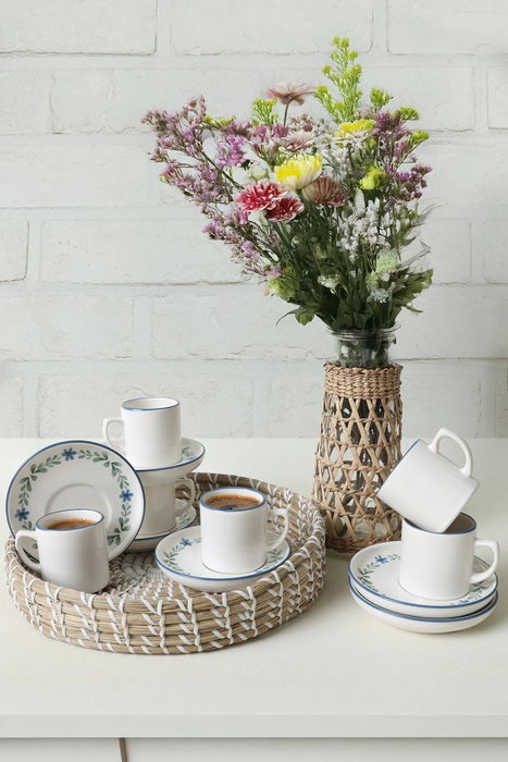 Hermia Juego de Tazas de Café de 12 Piezas - Azul, Verde y Blanco, Cerámica